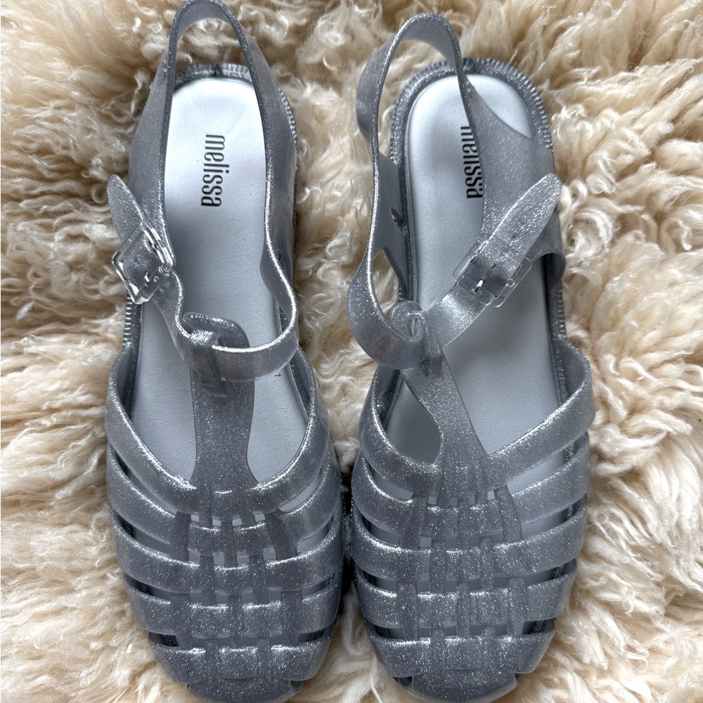 melissa Possession “Glitter Clear” Silver Jelly Sandals Sz 7
